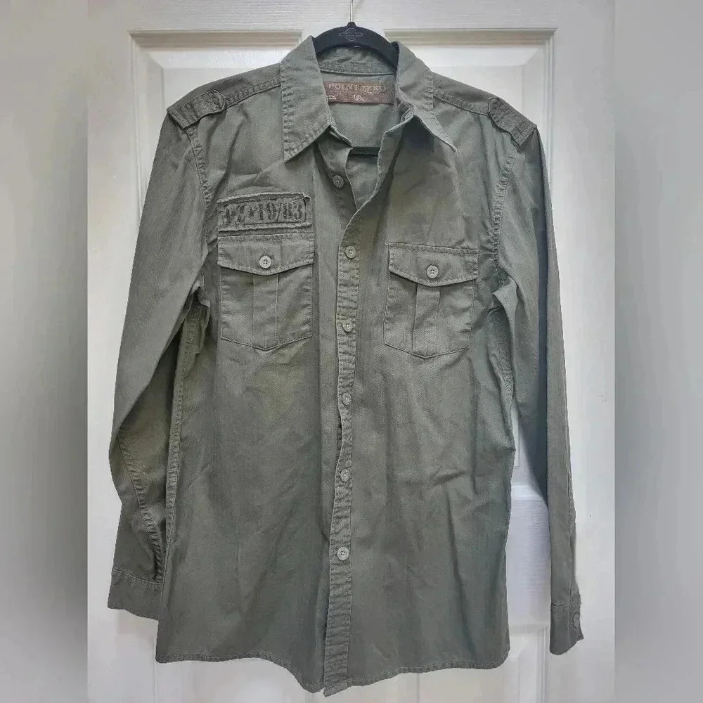 Point Zero Men's Army Style Button Down Long Sleeve Shirt Size Small